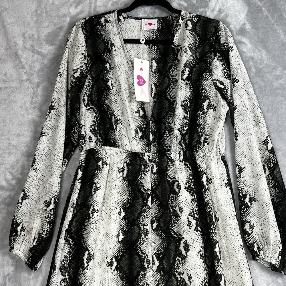 Buddy Love Snakeskin Print Maxi Dress Grey Black V-Neck Long Sleeve Slit Large - Picture 9 of 16